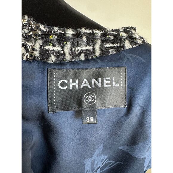 AUTHENTIC CHANEL 17A BLUE GREEN WHITE MULTICOLOR TWEED SUEDE LEATHER DRESS 38 - Picture 13 of 16